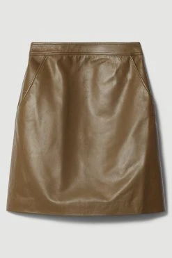 Karen Millen Lydia Millen Leather High Waisted A Line Mini Skirt -Karen Millen shop dark olive lydia millen leather high waisted a line mini skirt 3