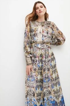 Karen Millen Place Border Print Beaded Blouse -Karen Millen shop floral place border print beaded blouse 1