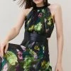 Karen Millen Floral Pleated Pu Halter Woven Maxi Dress -Karen Millen shop floral pleated pu halter woven maxi dress