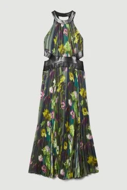 Karen Millen Floral Pleated Pu Halter Woven Maxi Dress -Karen Millen shop floral pleated pu halter woven maxi dress 2