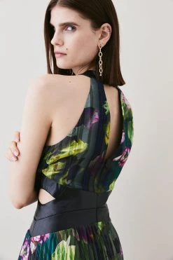 Karen Millen Floral Pleated Pu Halter Woven Maxi Dress -Karen Millen shop floral pleated pu halter woven maxi dress 4