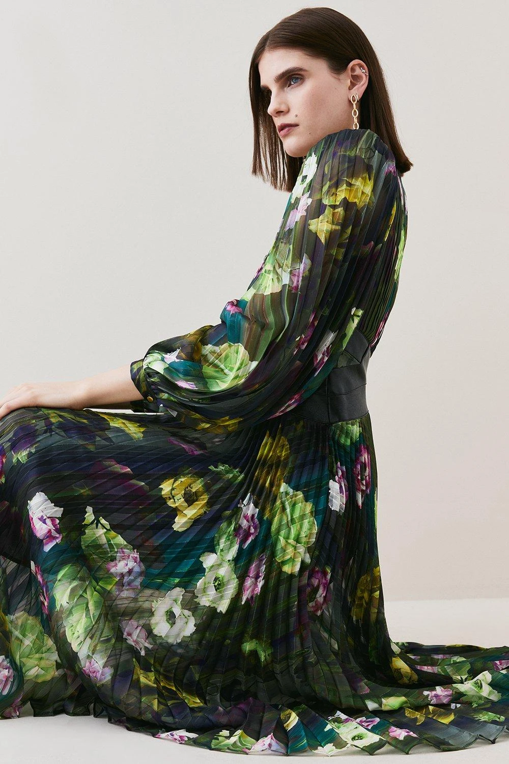 Karen Millen Floral Pleated Pu Woven Maxi Dress 7 Karen Millen Floral Pleated Pu Woven Maxi Dress - Image 5