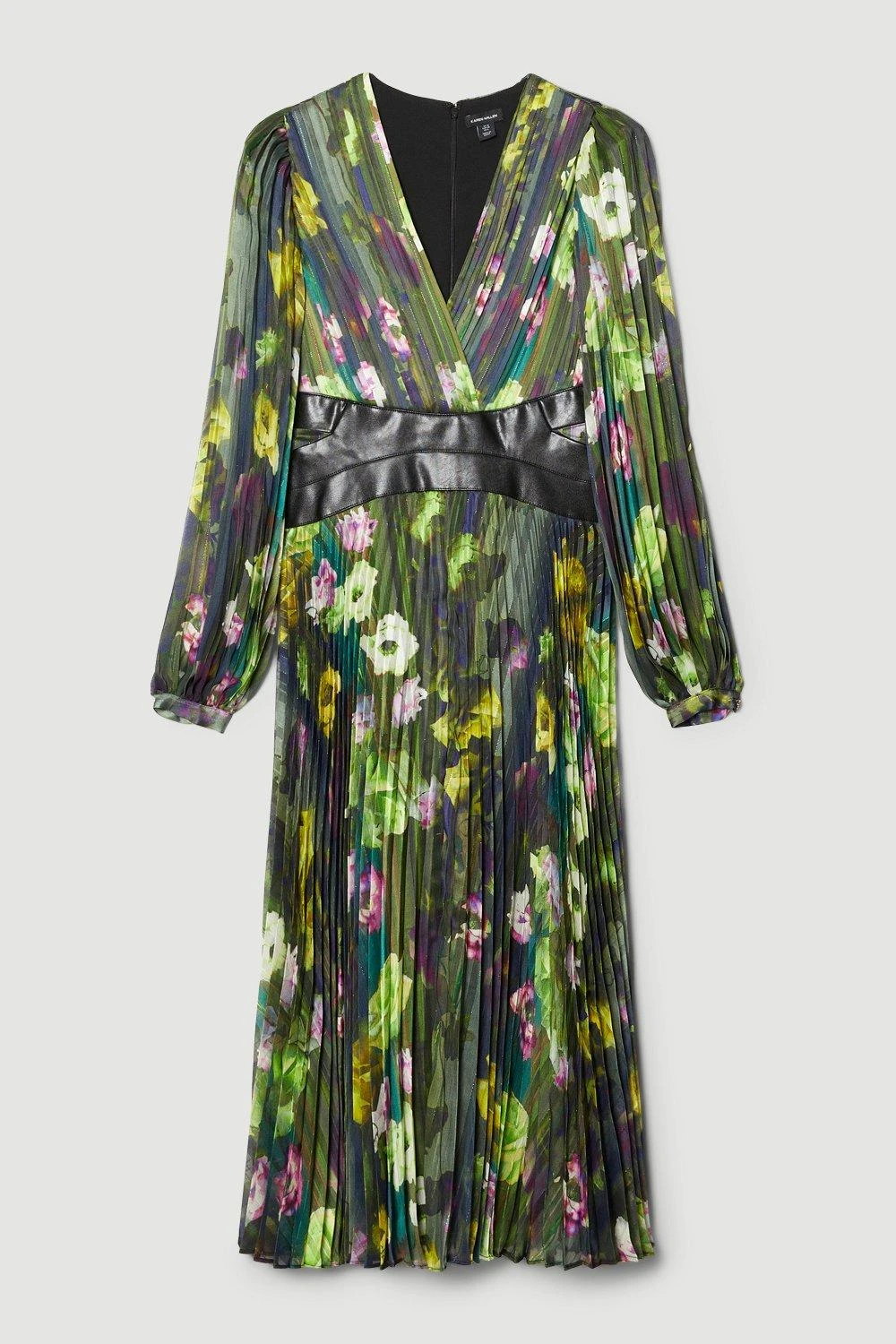 Karen Millen Floral Pleated Pu Woven Maxi Dress 3 Karen Millen Floral Pleated Pu Woven Maxi Dress