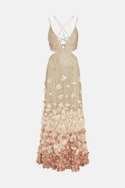 Karen Millen Crystal Applique Deep V Woven Maxi Dress -Karen Millen shop gold crystal applique deep v woven maxi dress 3