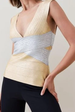 Karen Millen Foiled Bandage Knit V Neck Top -Karen Millen shop gold foiled bandage knit v neck top 2
