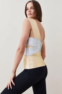 Karen Millen Foiled Bandage Knit V Neck Top -Karen Millen shop gold foiled bandage knit v neck top 3
