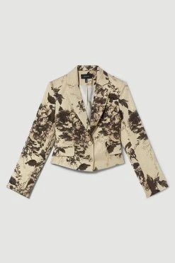 Karen Millen Italian Rose Stretch Jacquard Tailored Jacket -Karen Millen shop gold italian rose stretch jacquard tailored jacket 4