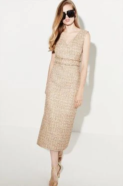 Karen Millen Italian Tweed Chain Detail Maxi Dress -Karen Millen shop gold italian tweed chain detail maxi dress 1 1