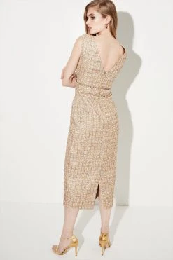 Karen Millen Italian Tweed Chain Detail Maxi Dress -Karen Millen shop gold italian tweed chain detail maxi dress 1 2
