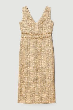 Karen Millen Italian Tweed Chain Detail Maxi Dress -Karen Millen shop gold italian tweed chain detail maxi dress 1 3