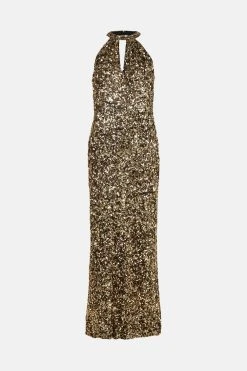 Karen Millen Sequinned Halter Maxi Dress -Karen Millen shop gold sequinned halter maxi dress 3
