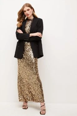 Karen Millen Sequinned Halter Maxi Dress -Karen Millen shop gold sequinned halter maxi dress 4