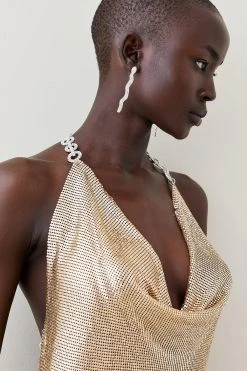 Karen Millen Slinky Chainmail Diamante Draped Halter Maxi 10 Karen Millen Slinky Chainmail Diamante Draped Halter Maxi -Karen Millen shop gold slinky chainmail diamante draped halter maxi 1 3