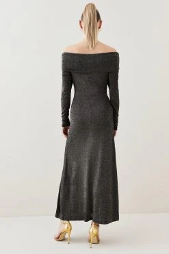 Karen Millen Sparkle Slinky Knit Drape Bardot Midaxi Dress -Karen Millen shop gold sparkle slinky knit drape bardot midaxi dress 1