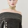 Karen Millen Sparkle Slinky Knit Drape Bardot Midaxi Dress -Karen Millen shop gold sparkle slinky knit drape bardot midaxi dress