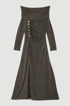 Karen Millen Sparkle Slinky Knit Drape Bardot Midaxi Dress -Karen Millen shop gold sparkle slinky knit drape bardot midaxi dress 2
