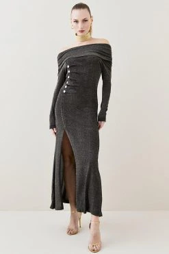 Karen Millen Sparkle Slinky Knit Drape Bardot Midaxi Dress -Karen Millen shop gold sparkle slinky knit drape bardot midaxi dress 3