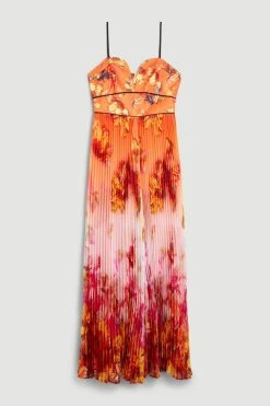 Karen Millen Golden Floral Satin Pleated Woven Jumpsuit -Karen Millen shop golden floral satin pleated woven jumpsuit 2