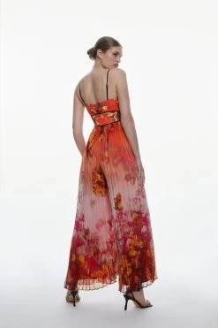 Karen Millen Golden Floral Satin Pleated Woven Jumpsuit -Karen Millen shop golden floral satin pleated woven jumpsuit 3