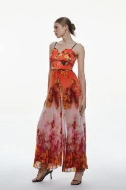 Karen Millen Golden Floral Satin Pleated Woven Jumpsuit -Karen Millen shop golden floral satin pleated woven jumpsuit 4