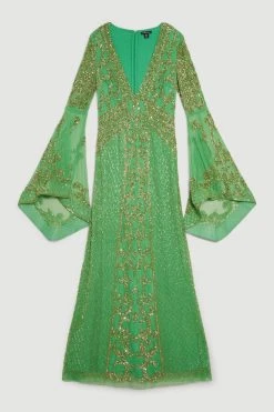 Karen Millen Embellished Kimono Sleeve Beaded Maxi Dress -Karen Millen shop green embellished kimono sleeve beaded maxi dress 3