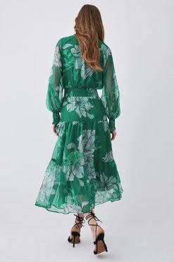 Karen Millen Floral Bloom Shirred Detail Woven Maxi Dress