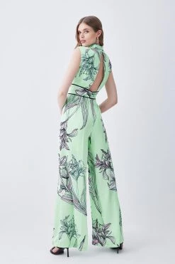 Karen Millen Hammered Satin Woven Twist Neck Jumpsuit -Karen Millen shop green hammered satin woven twist neck jumpsuit 3