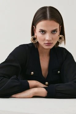 Karen Millen Military Rib Knit Georgette Sleeve Cardigan -Karen Millen shop green military rib knit georgette sleeve cardigan 2