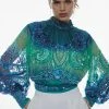Karen Millen Ombre Sequin & Embroidered Blouse -Karen Millen shop green ombre sequin embroidered blouse