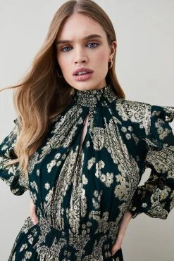 Karen Millen Paisley Metallic Shirred Maxi Dress