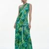 Karen Millen Palm Print One Shoulder Cut Out Jersey Jumpsuit -Karen Millen shop green palm print one shoulder cut out jersey jumpsuit