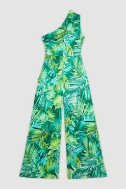 Karen Millen Palm Print One Shoulder Cut Out Jersey Jumpsuit -Karen Millen shop green palm print one shoulder cut out jersey jumpsuit 1 1
