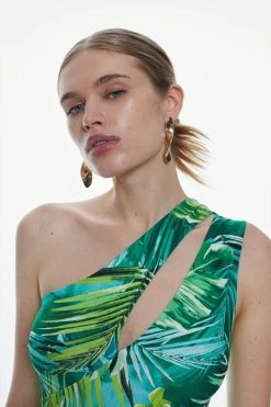 Karen Millen Palm Print One Shoulder Cut Out Jersey Jumpsuit -Karen Millen shop green palm print one shoulder cut out jersey jumpsuit 1 2