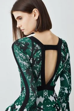 Karen Millen Slinky Jacquard Full Sleeve Knitted Maxi Dress -Karen Millen shop green slinky jacquard full sleeve knitted maxi dress 1