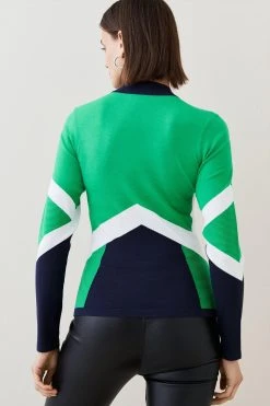 Karen Millen Sporty Colour Block High Neck Knit Top -Karen Millen shop green sporty colour block high neck knit top 1