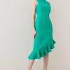 Karen Millen Structured Crepe Cut Out Ruffle Hem Midi Dress -Karen Millen shop green structured crepe cut out ruffle hem midi dress