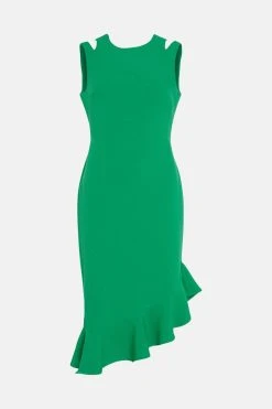 Karen Millen Structured Crepe Cut Out Ruffle Hem Midi Dress -Karen Millen shop green structured crepe cut out ruffle hem midi dress 3