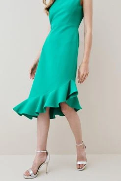 Karen Millen Structured Crepe Cut Out Ruffle Hem Midi Dress -Karen Millen shop green structured crepe cut out ruffle hem midi dress 4