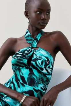 Karen Millen Tiger Viscose Satin Gold Ring Jumpsuit -Karen Millen shop green tiger viscose satin gold ring jumpsuit 1