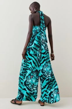 Karen Millen Tiger Viscose Satin Gold Ring Jumpsuit -Karen Millen shop green tiger viscose satin gold ring jumpsuit 3