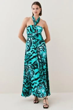 Karen Millen Tiger Viscose Satin Gold Ring Maxi Dress -Karen Millen shop green tiger viscose satin gold ring maxi dress 2