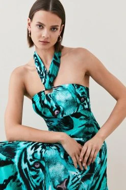 Karen Millen Tiger Viscose Satin Gold Ring Maxi Dress -Karen Millen shop green tiger viscose satin gold ring maxi dress 3