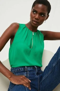 Karen Millen Zip Front Woven Shell Top -Karen Millen shop green zip front woven shell top 3