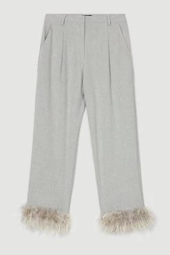 Karen Millen Feather Hem Tailored Cropped Slim Leg Trouser -Karen Millen shop grey marl feather hem tailored cropped slim leg trouser 1