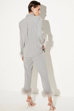 Karen Millen Feather Hem Tailored Cropped Slim Leg Trouser -Karen Millen shop grey marl feather hem tailored cropped slim leg trouser 4