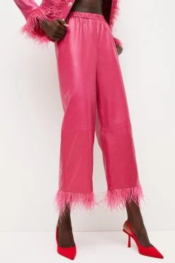 Karen Millen Leather Feather Hem Trouser -Karen Millen shop hot pink leather feather hem trouser 1