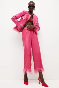 Karen Millen Leather Feather Hem Trouser -Karen Millen shop hot pink leather feather hem trouser 2