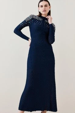Karen Millen Crystal Embellished Scale Stitch Knit Maxi Dress