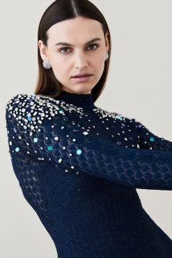 Karen Millen Crystal Embellished Scale Stitch Knit Maxi Dress 13 Karen Millen Crystal Embellished Scale Stitch Knit Maxi Dress -Karen Millen shop ink crystal embellished scale stitch knit maxi dress 5