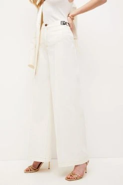 Karen Millen Cotton Snaffle Trim Wide Leg Trouser -Karen Millen shop ivory cotton snaffle trim wide leg trouser 1 2
